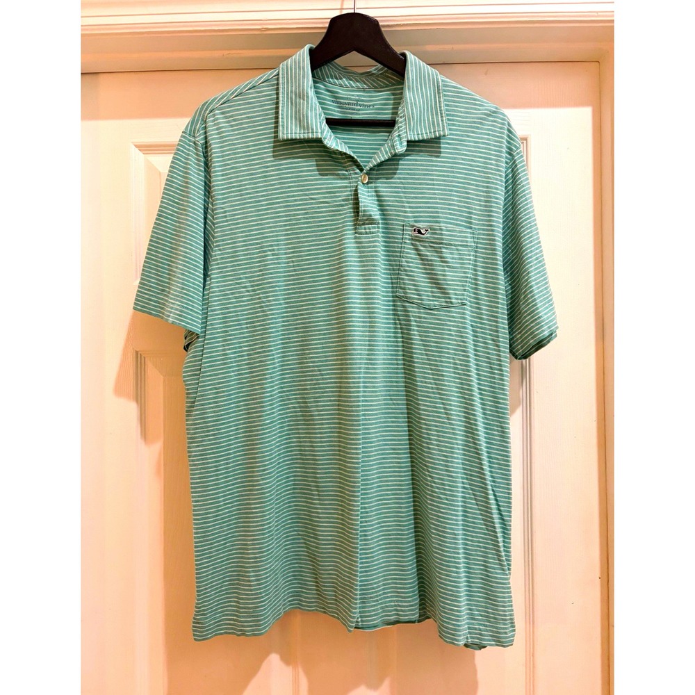 Vineyard Vines Classic Fit Polo Men's L Green/White Stripe Pima Cotton Whale